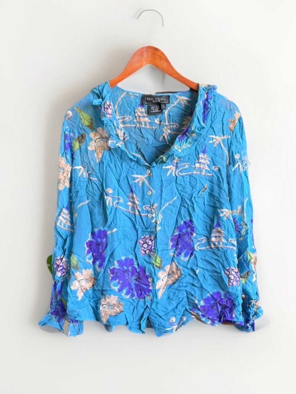 Y2K Tess Studio Women's Size XL 100% Silk Blouse Shirt Artsy Floral blue Ruffle